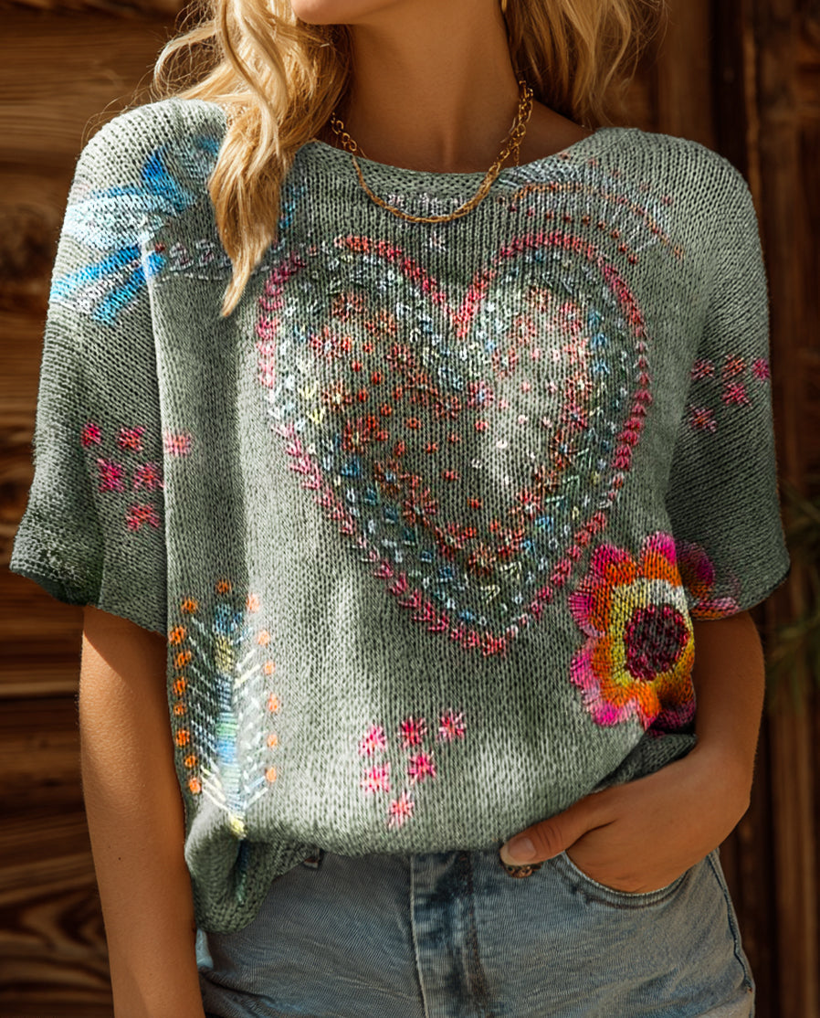 Women's Vintage Bohemian Floral Love Art Print Casual Crew Neck Short Sleeve Knitted Sweater