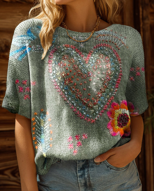 Women's Vintage Bohemian Floral Love Art Print Casual Crew Neck Short Sleeve Knitted Sweater
