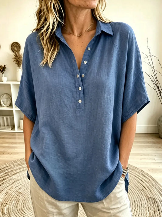 Women's Linen-Blend Collared Short Sleeve Henley Blouse
