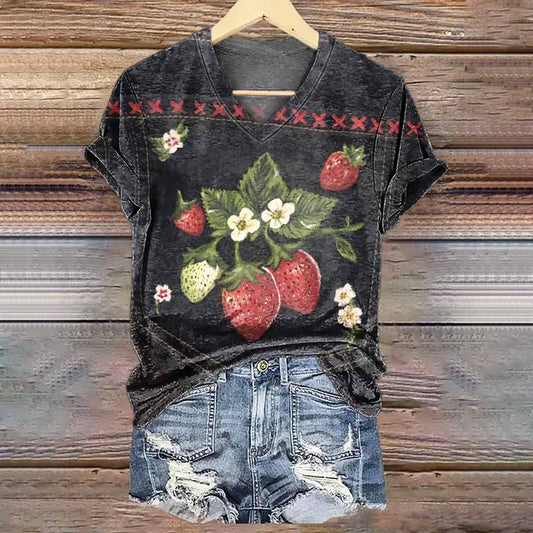 Strawberry Art Print V-Neck T-Shirt
