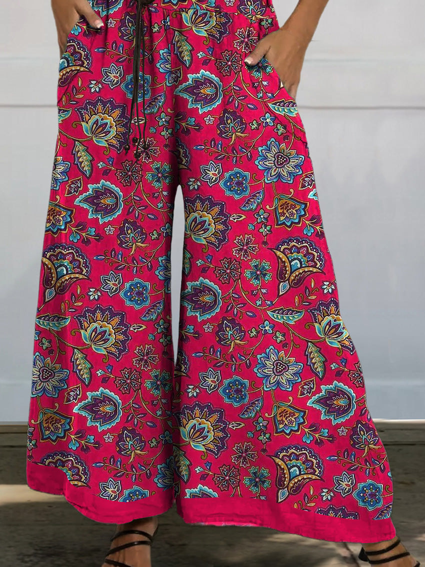 Vibrant Floral And Vine Pattern Printed Women's Cotton And Linen Casual Wide-leg Pants