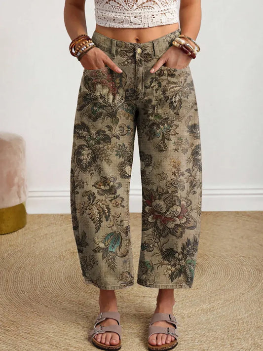 Women's Vintage Floral Pattern Art Print Jeans