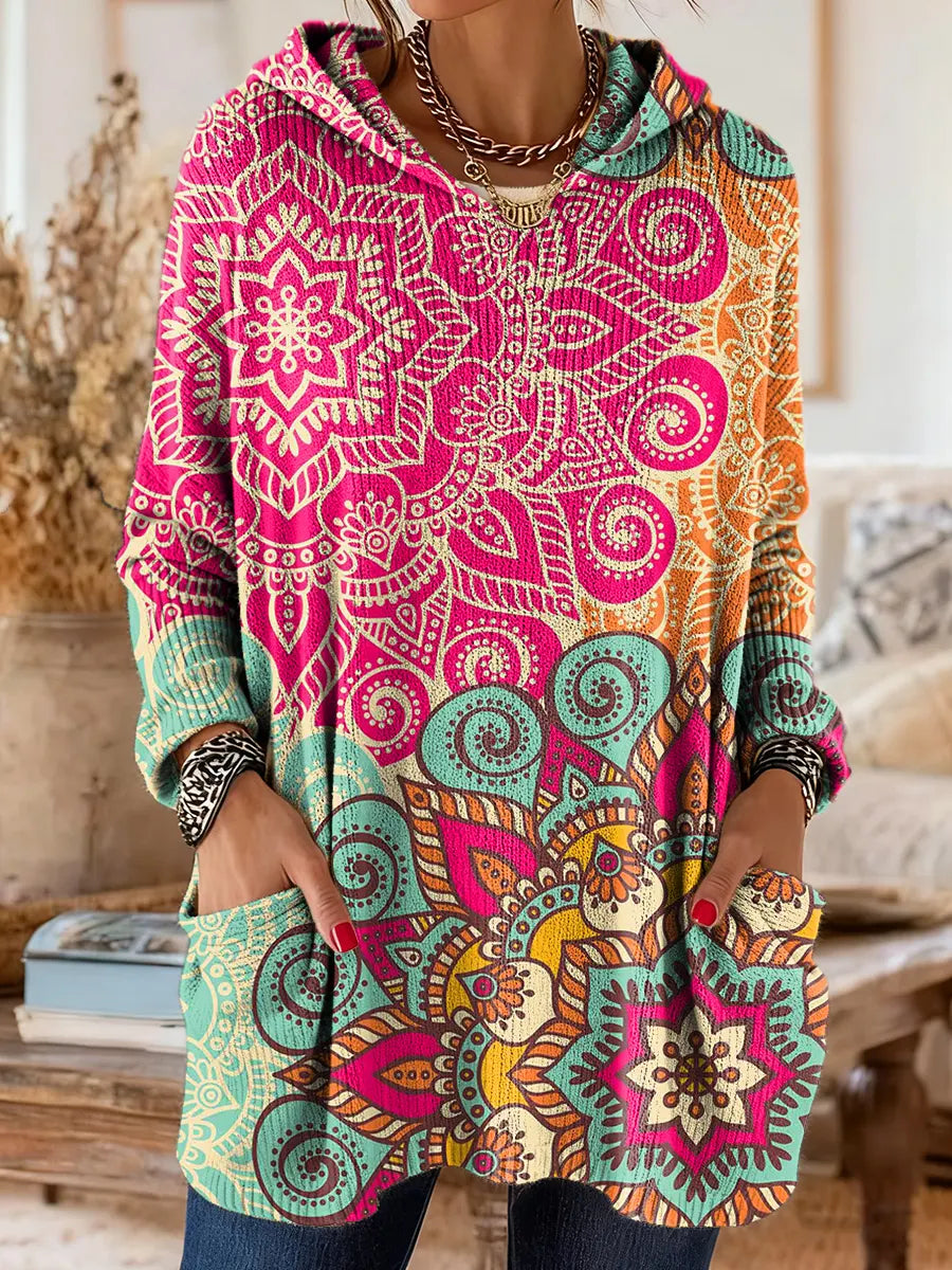 Women's Bohemian Mandala Floral Art Print Casual Knit Hoodie with Pockets
