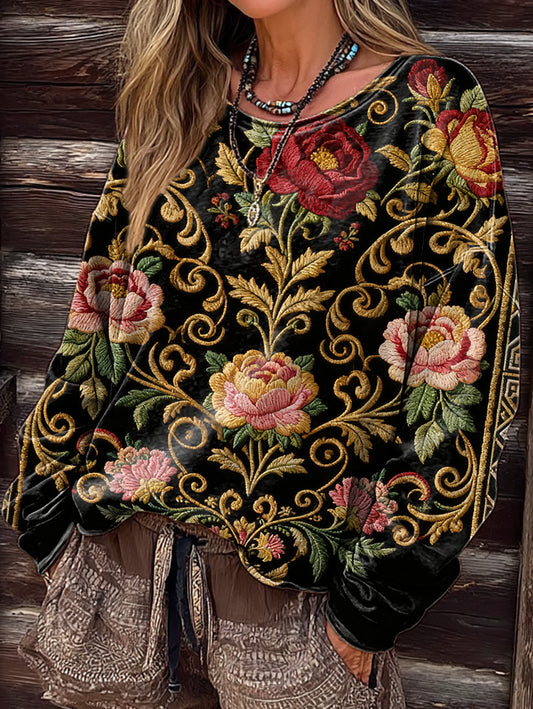 Women's Vintage Floral Art Print Casual Long-Sleeve Crew Neck T-Shirt