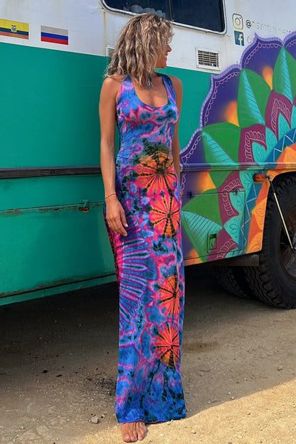 La Bamba Tie-dye Print Back Lace-up Stretch Maxi Dress