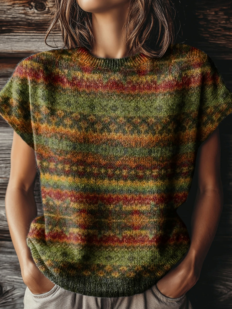 Women's Vintage Ethnic Stripe Art Print Casual Crew Neck Short Sleeve Knitted Sweater