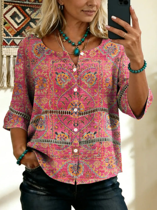 Women's Vintage Ethnic Pattern Art Print Tie-front Button-up Short-sleeve Shirt