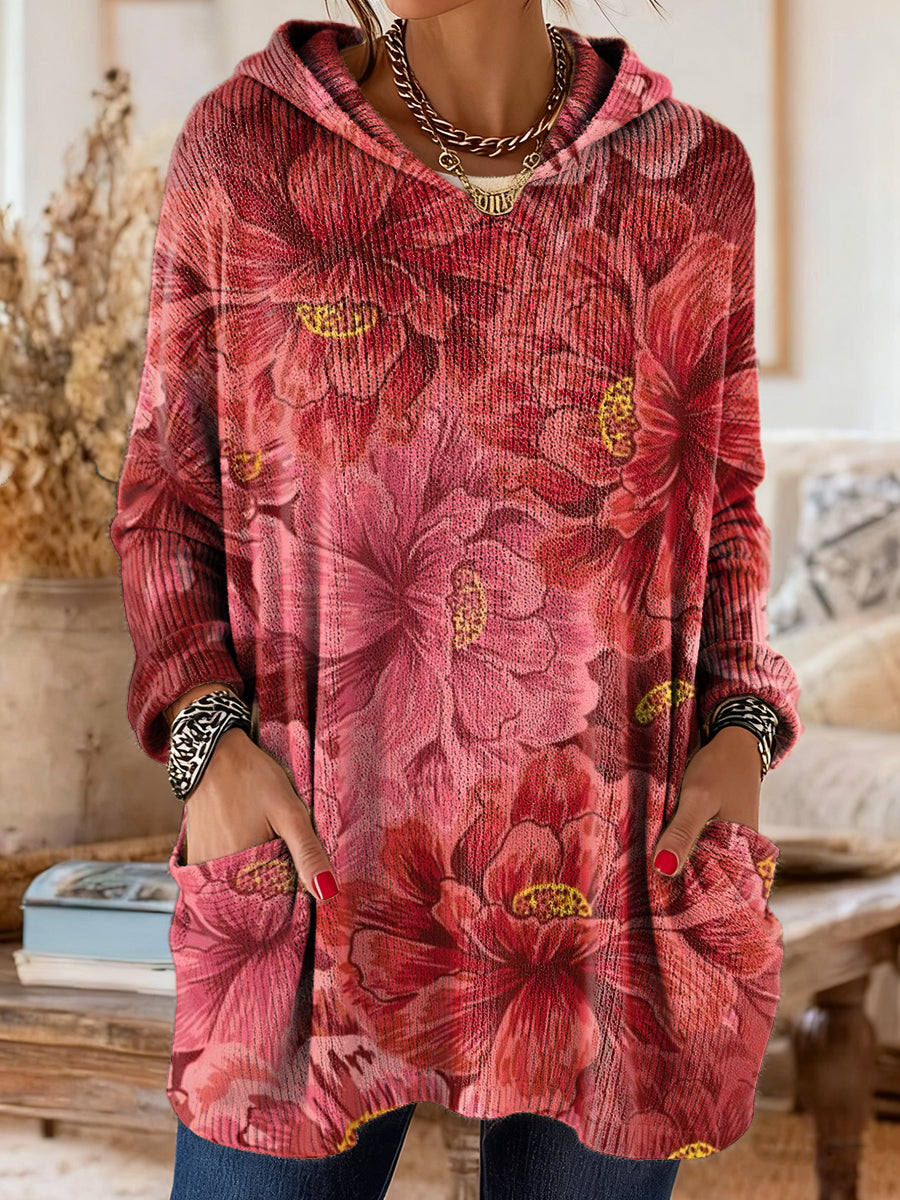 Women's Vintage Ethnic Red Floral Art Prints Casual Knit With Pockets Hooded Top