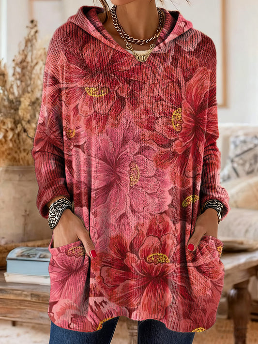 Women's Vintage Ethnic Red Floral Art Prints Casual Knit With Pockets Hooded Top