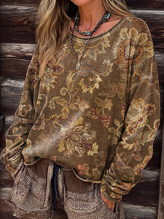 Women's Vintage Bohemian Floral Art Print Casual Long-Sleeve Crew Neck T-Shirt