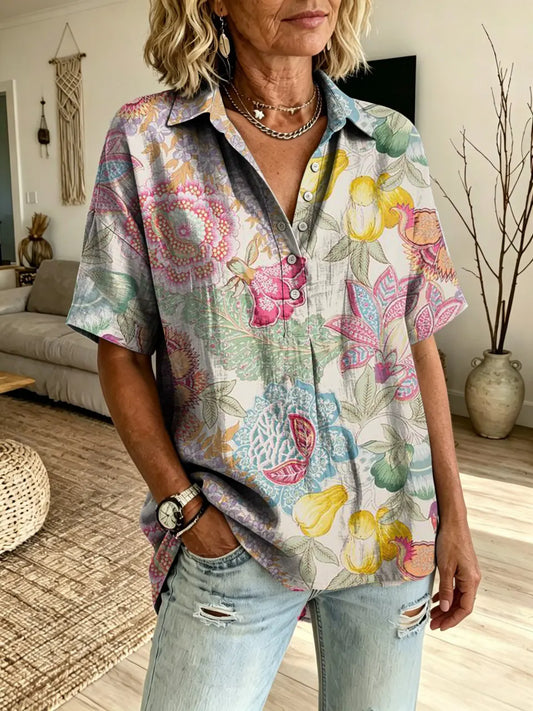 Women's Retro Colorful Ethnic Floral Art Print Lapel Short-Sleeve Henley Shirt