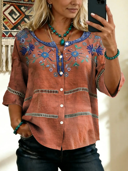 Women's Vintage Floral Art Print Tie-front Button-up Short-sleeve Shirt