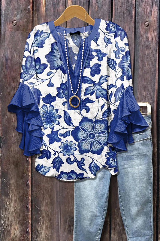 Elegant Floral Print Ruffle Sleeve Top