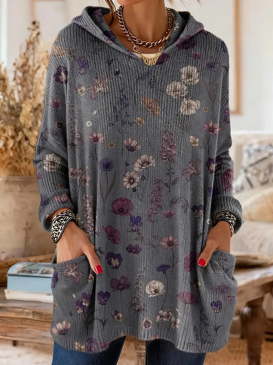 Vintage National Flower Purple Women's Print Casual Long Sleeve Hooded Sweater