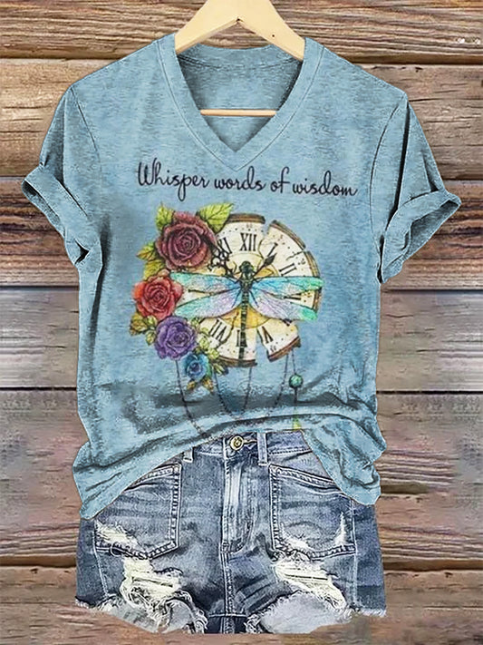 Women's Vintage Dragonfly Art Print V-neck Casual T-Shirt