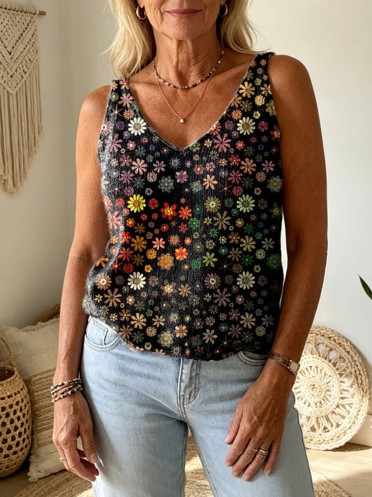 Women's Bohemian Retro Colorful Petal Art Print Casual Fashion V-Neck Sleeveless Knit Vest