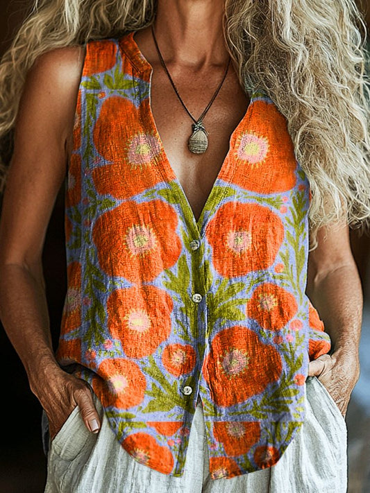 Women's Floral Art Print Sleeveless Cotton Blouse