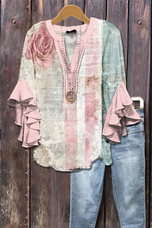 Elegant Floral Print Ruffle Sleeve Top