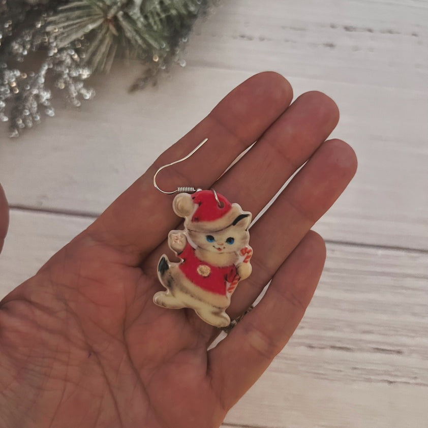 Vintage Christmas Santa Cat Earrings