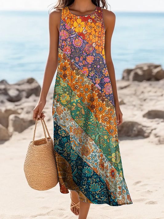 Women's Bohemian Floral Collage Art Pattern Print Sleeveless Cotton Pocket Dress