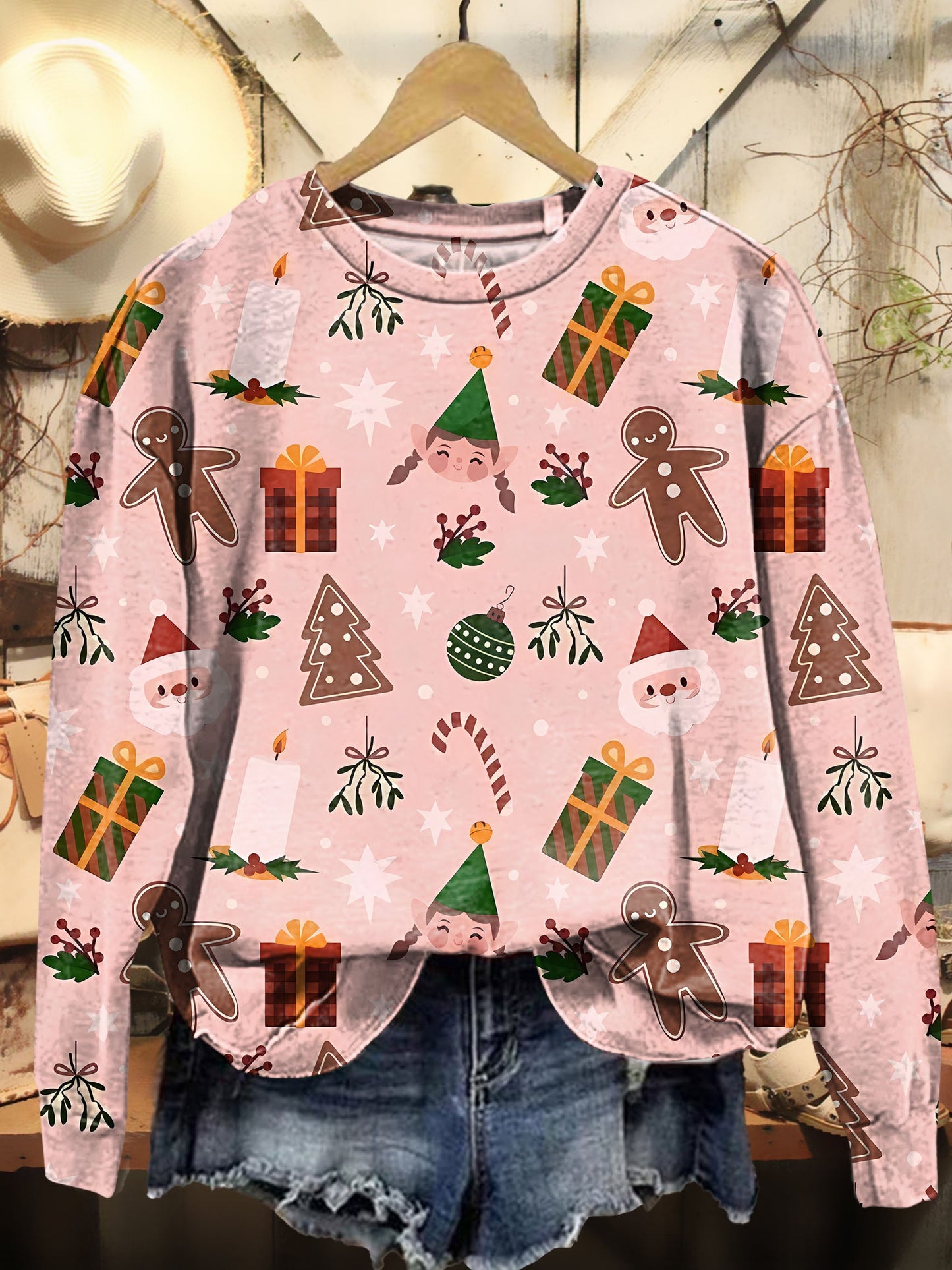 Christmas Santa Claus Gingerbread Pink Art Print Casaul Long Sleeve Sweashirt