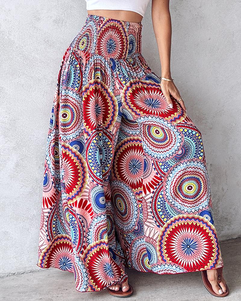 Tribal Print Shirred Wide Leg Pants