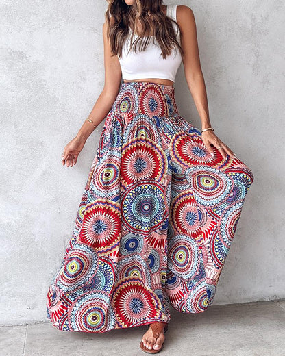 Tribal Print Shirred Wide Leg Pants