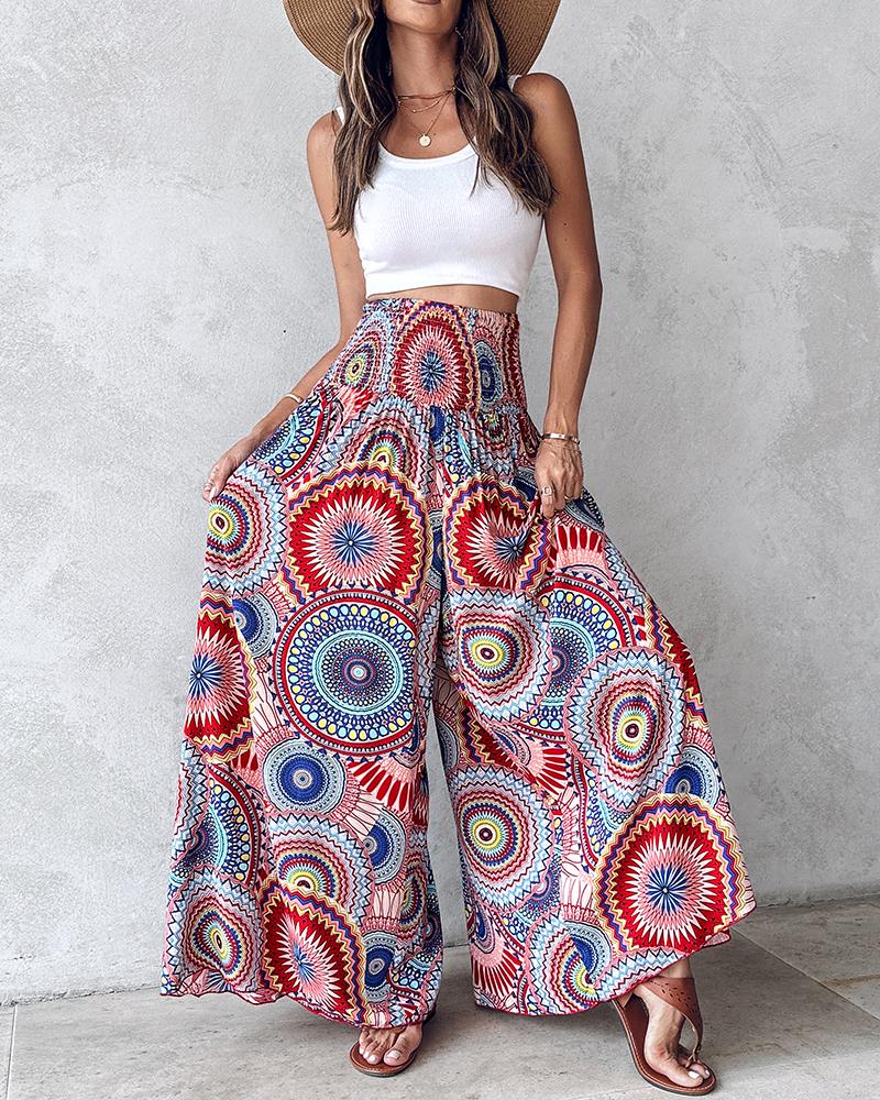 Tribal Print Shirred Wide Leg Pants