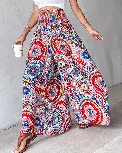 Tribal Print Shirred Wide Leg Pants