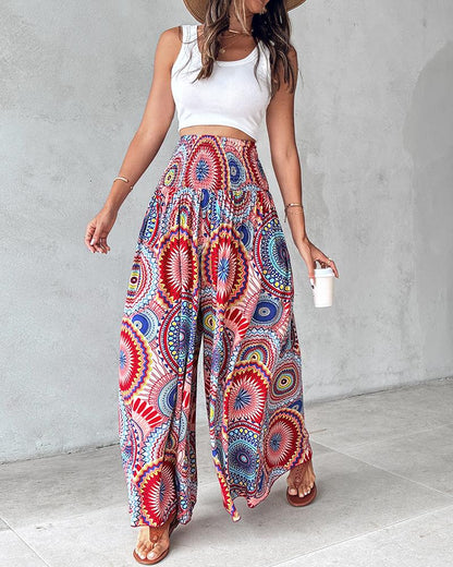 Tribal Print Shirred Wide Leg Pants