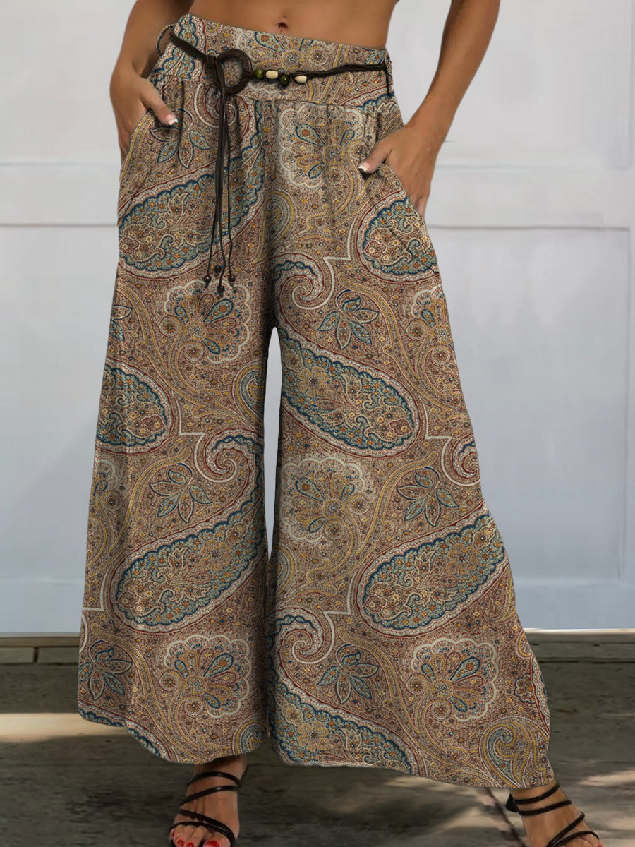 Ethnic Style Paisley Pattern Printed Women's Cotton And Linen Casual Wide-Leg Pants