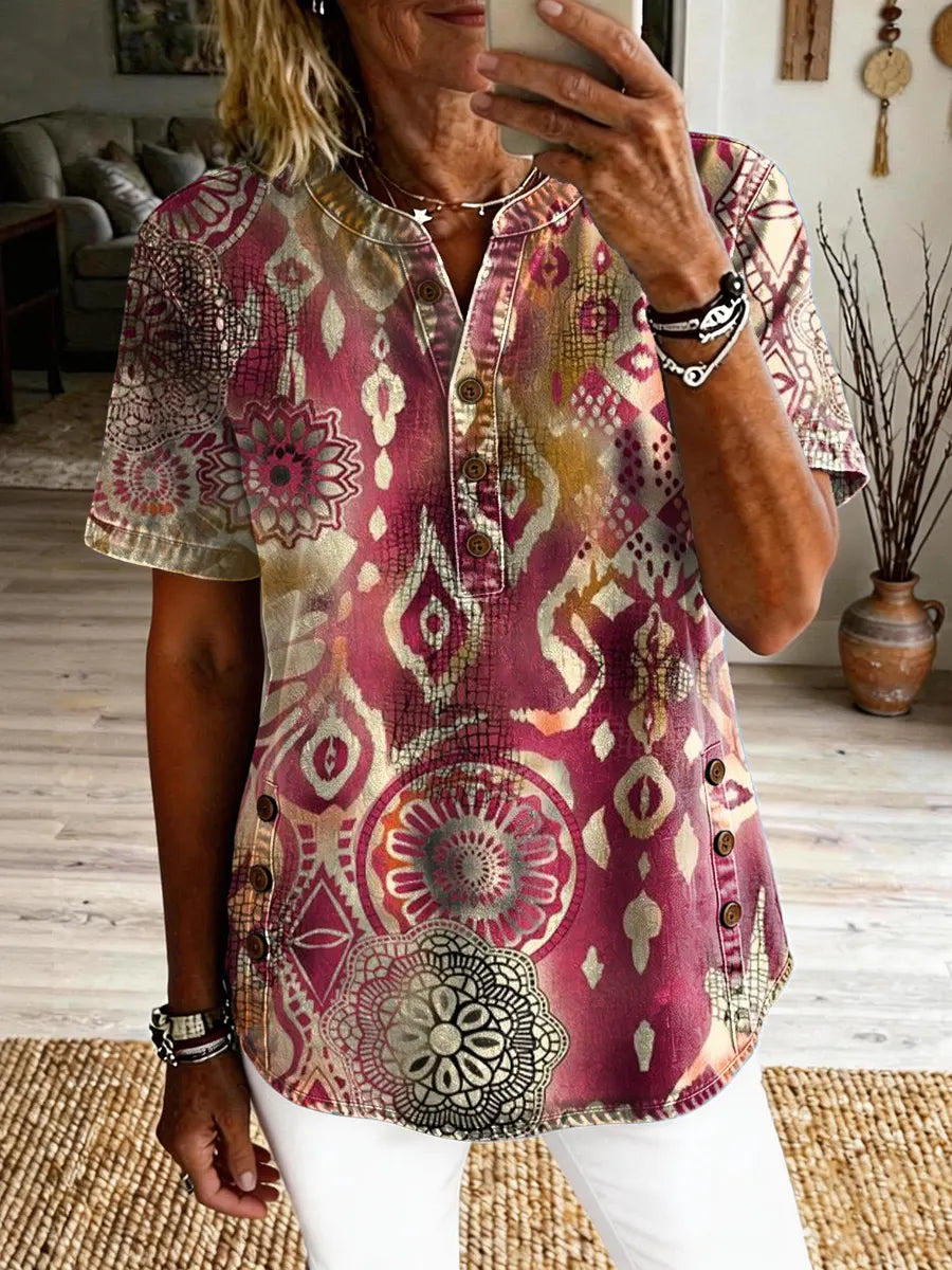 Women's Bohemian-Patterned Artistic Print Casual Short-Sleeve Washed Shirt