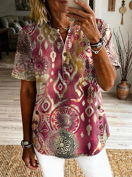 Women's Bohemian-Patterned Artistic Print Casual Short-Sleeve Washed Shirt