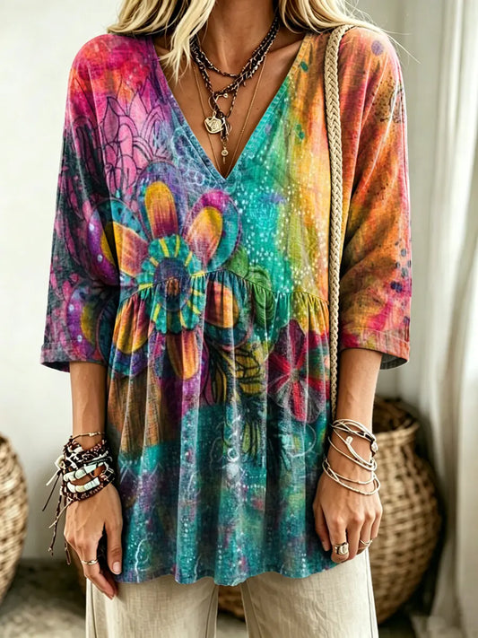 Women's Tie-Dye Abstract Floral Print V-Neck Casual Blouse
