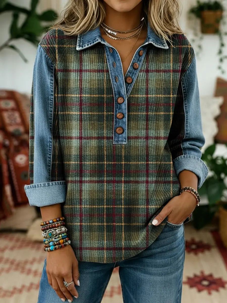 Ethnicity Green Check Pattern Women's Art Print Casual Denim Patchwork Shirt Coat