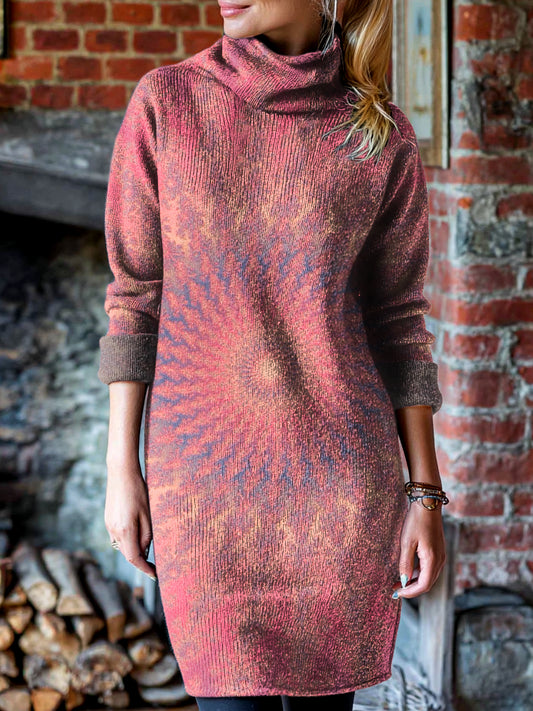 Women's Vintage Pink Mandala Art Print Cover-up High-neck Knit Dress