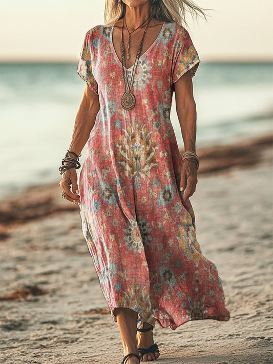 Women's Ethnic Totem Pattern Print Short Sleeve Pocket Cotton Linen Dress