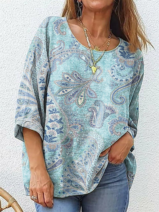Women's Paisley Flowers Art Print Casual Cotton And Linen Shirt