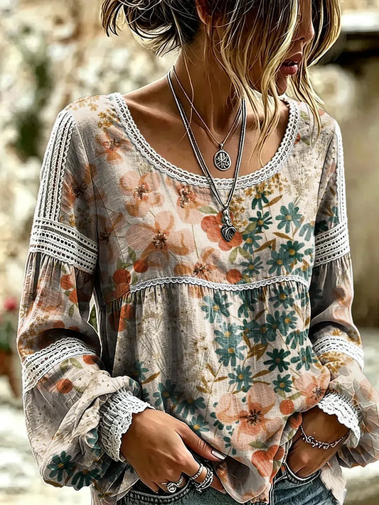 Women's Vintage Floral Print Lace Trim Blouse