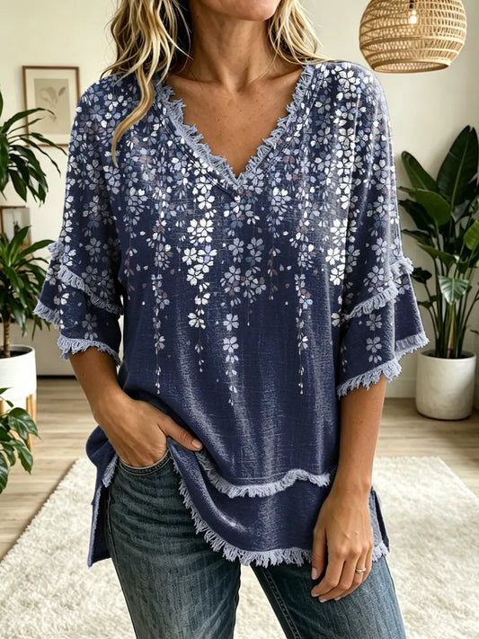 Women's Floral Art Print V-neck Tasseled Cotton Top