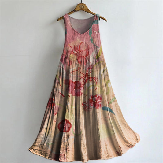 Women's Floral Art Print Round Neck Sleeveless Cotton Pocket Dresses