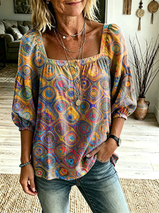 Women's Retro Bohemian Pattern Art Print Casual Square-Neck Top