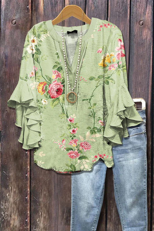 Elegant Floral Print Ruffle Sleeve Top