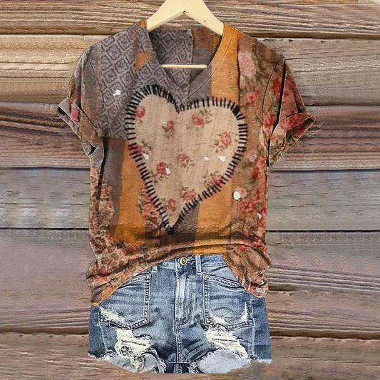 Women's Vintage Heart Pattern Art Print V-neck Casual T-Shirt