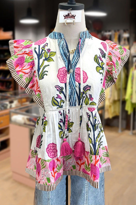 Mixed Floral Print Tassel Neck Top