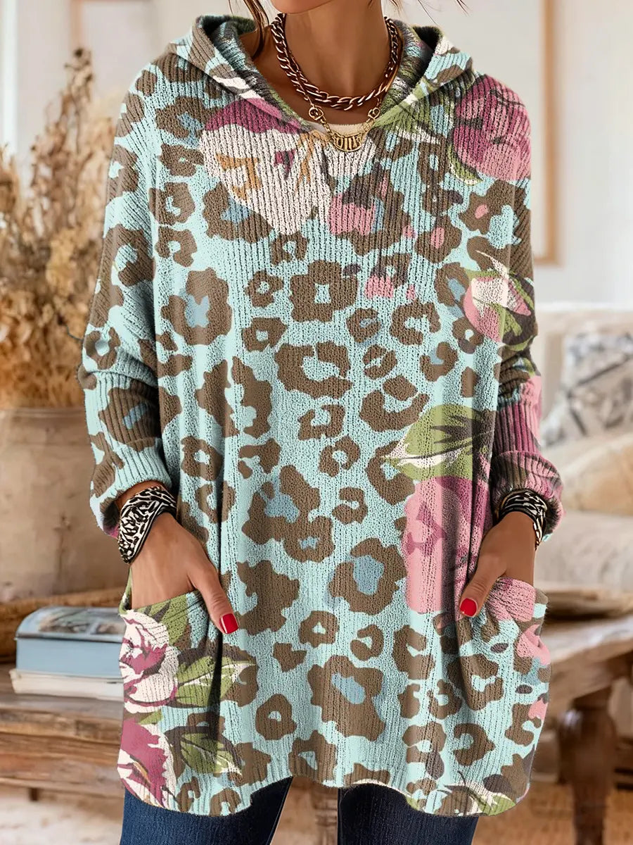 Women's Leopard Print Floral Art Print Casual Knit Hoodie with Pockets