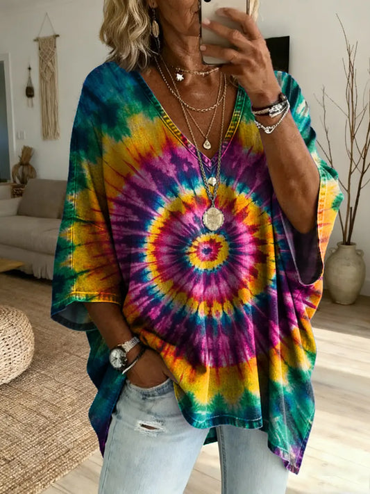 Vintage Ethnicity Colorful Tie Dye Women's Art Print Casual Washed Cotton Denim Top