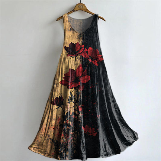 Women's Retro Rose Flower Art Print Sleeveless Cotton Pocket Dress