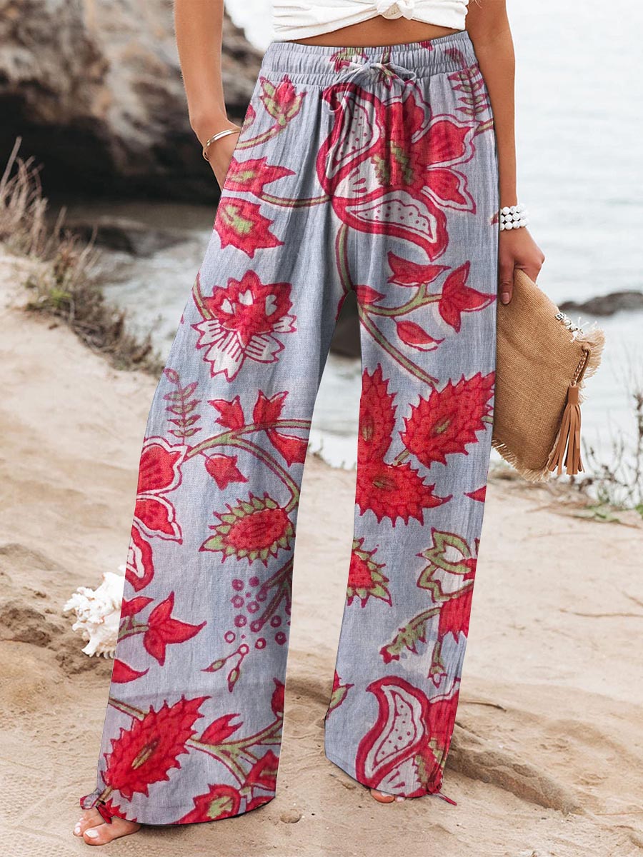 Women's Retro Flower Printed Cotton And Linen Casual Pants