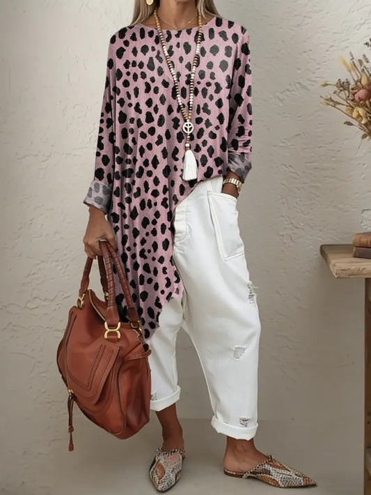 Ethnicity Geometry Leopard Print Women's Print Irregular Hem Cotton Long-sleeve T-shirt